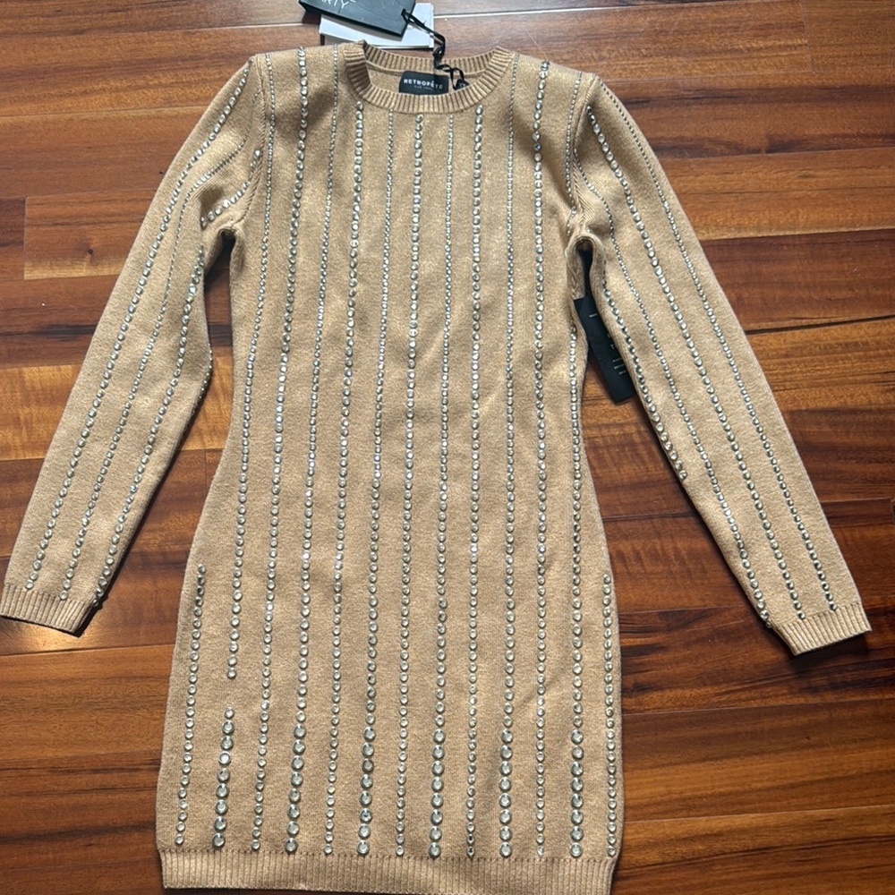 Elegant Tan Sweater Dress with Embellishments